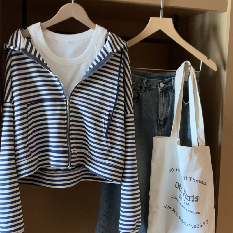 Striped hooded short sweatshirt jacket for women new loose zipper long sleeve casual top