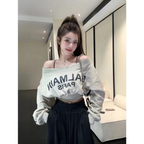 Pure Desire Sexy Sweet Hot Girl One Shoulder Long Sleeve Sweatshirt Women's Early Autumn Lazy Style Letter Printed Loose Short Top