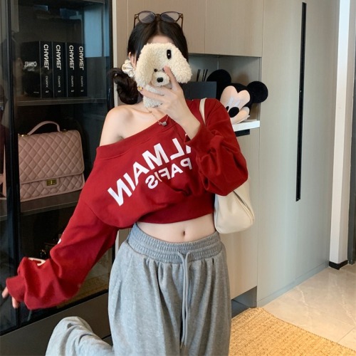 Pure Desire Sexy Sweet Hot Girl One Shoulder Long Sleeve Sweatshirt Women's Early Autumn Lazy Style Letter Printed Loose Short Top