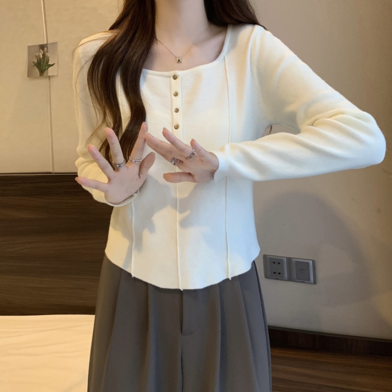 Large size fishbone chic knitted top for women in autumn and winter, square neck bottoming shirt, irregular sweater top