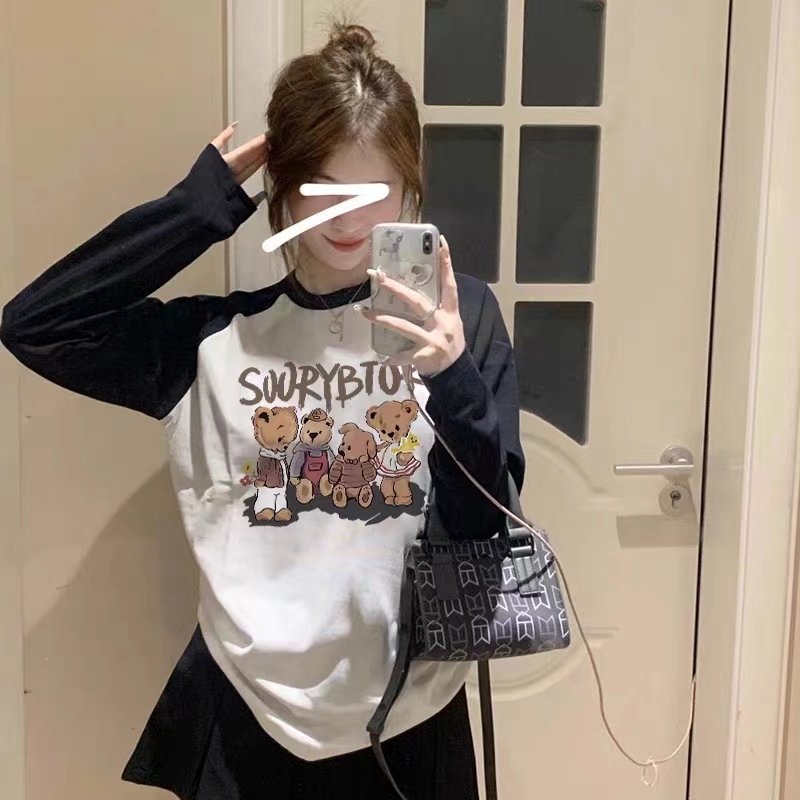 American retro cute printed long-sleeved T-shirt for women, trendy loose and unique fashionable contrast raglan sleeve top