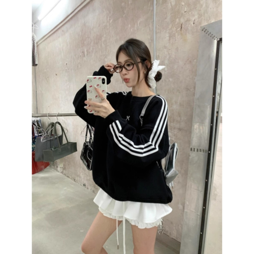 Bow embroidered black sweatshirt for women early autumn Korean style top