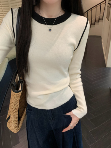 Real shot of soft, waxy, slimming and versatile basic T women's contrasting color round neck long-sleeved knitted bottoming shirt