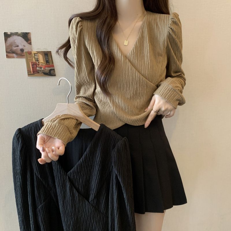 Autumn new large size fat girl design crossover irregular hem V-neck long-sleeved top