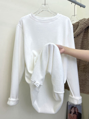Velvet white bottoming shirt for women in autumn and winter, new loose and versatile pure cotton brushed long-sleeved T-shirt top