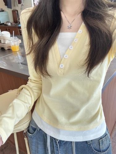 Pure cotton bright yellow fake two-piece long-sleeved T-shirt for women early autumn slim unique and chic short top