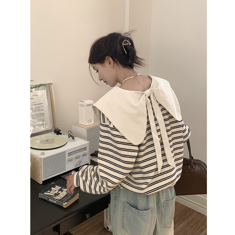 Large size autumn and winter design bow doll collar striped long-sleeved sweatshirt fashionable age-reducing loose top