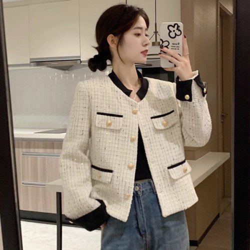 2024 new autumn and winter Korean style fashionable short coat women's patchwork contrasting shag woolen versatile cardigan top