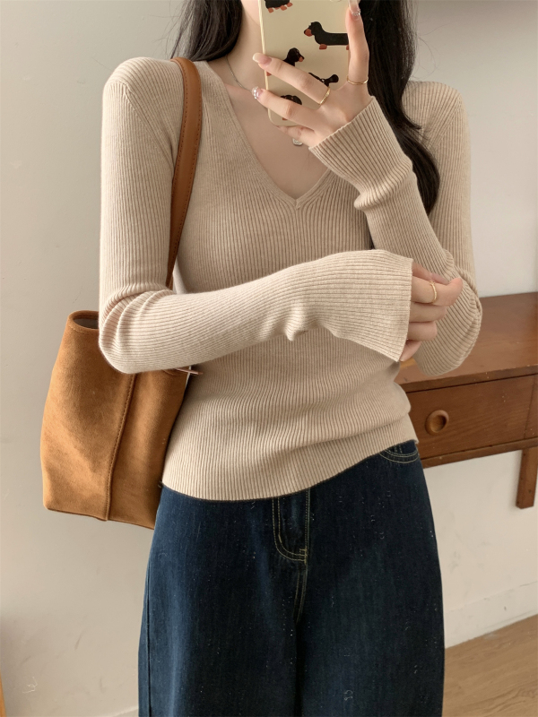 Autumn and winter Korean style v-neck solid color basic temperament slim inner knitted bottoming sweater for women
