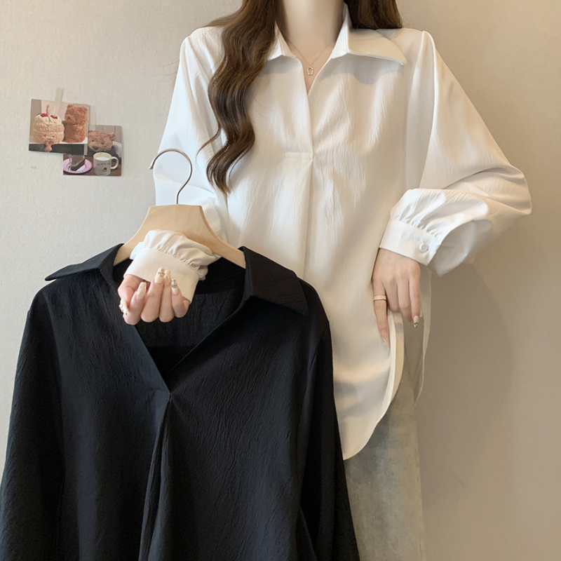 New versatile casual doll collar solid color shirt women's large size loose long-sleeved single top