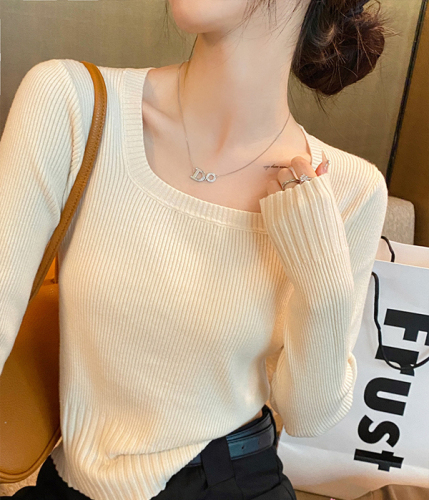Thin knitted sweater early autumn new women's autumn top with square collar bottoming shirt short slim sweater