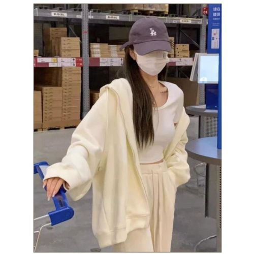 Plush thickened large size hooded sweatshirt for women, lazy style autumn and winter casual loose oversize top cardigan jacket