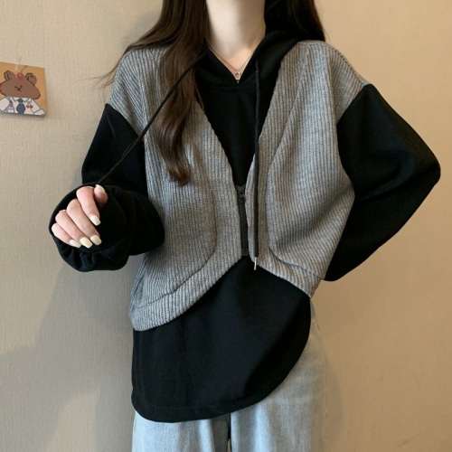 2024 fat mm plus size new fake two-piece sweatshirt women's loose long-sleeved tops and jackets trendy