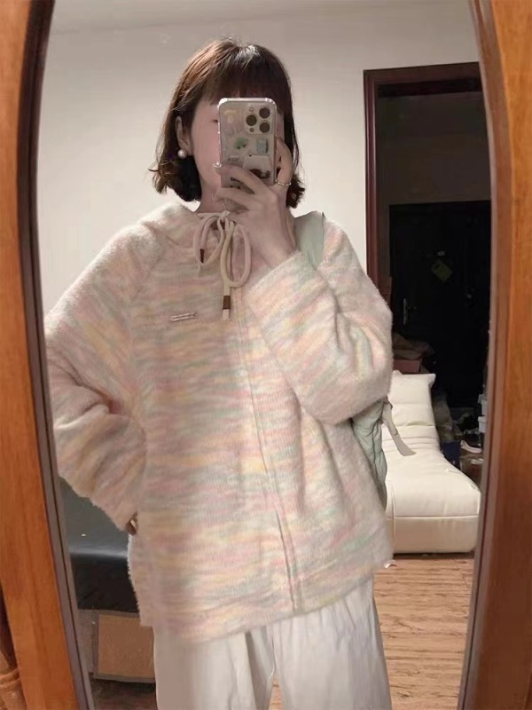 Fufu lazy style hooded knitted cardigan jacket for women soft and waxy casual outer sweater spring and autumn new trendy tops