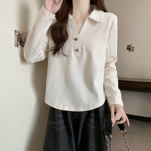 2024 Autumn Retro POLO Collar Waist Slimming T-shirt Fat Girl Casual Long Sleeve Top