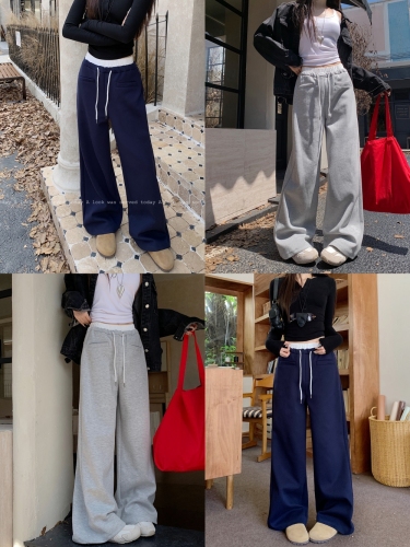 Real shot of lazy style loose wide-leg pants casual sports sweatpants high-waisted straight-leg pants for women