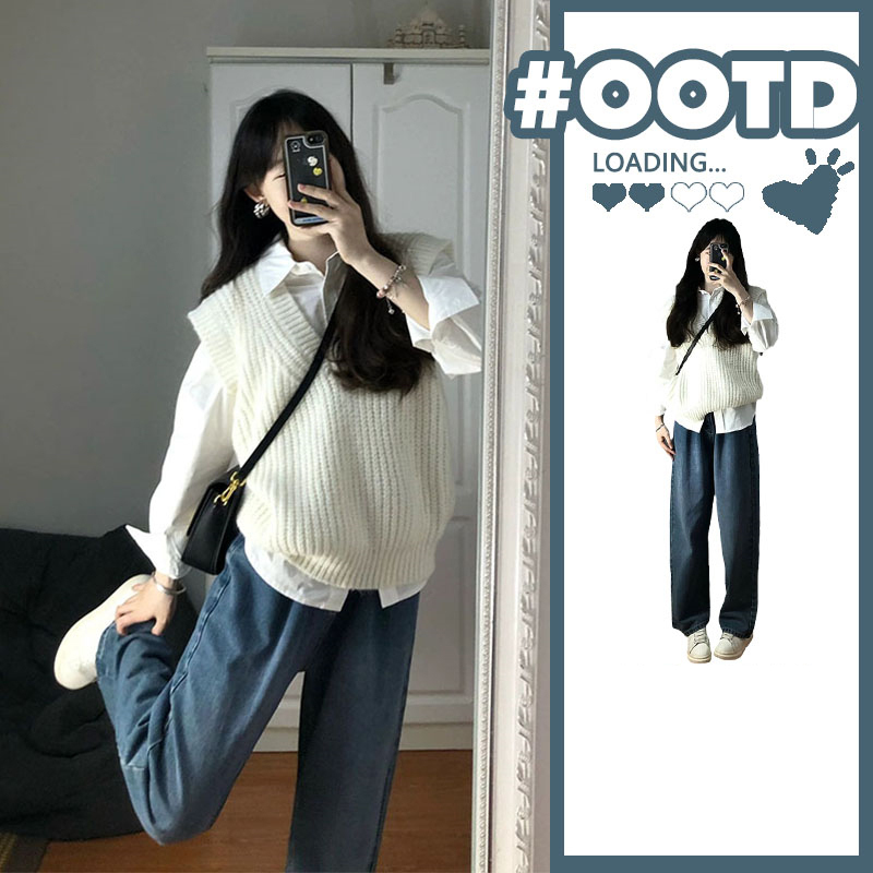 French blue shirt women's autumn new small waistcoat shirt two-piece design niche tops