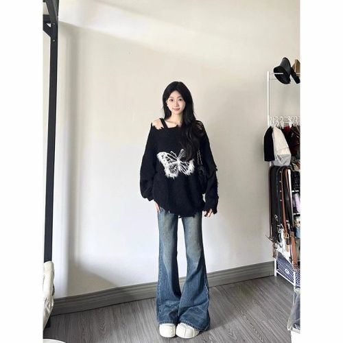 Korean style plush bow lazy style sweater for women loose autumn and winter design niche ripped sweater top trendy