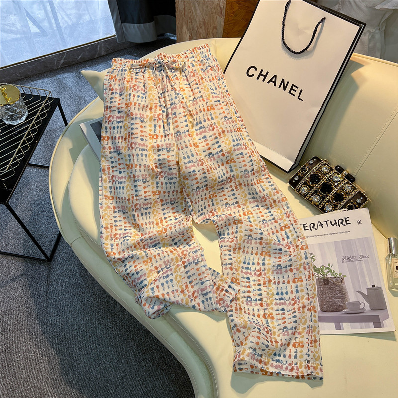 Summer new oil painting color dot high waist tencel wide leg trousers