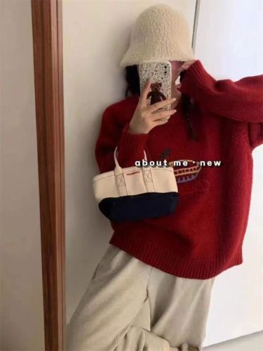 Autumn and winter new Korean style round neck age-reducing fruit cake jacquard sweater for women lazy thick soft waxy sweater