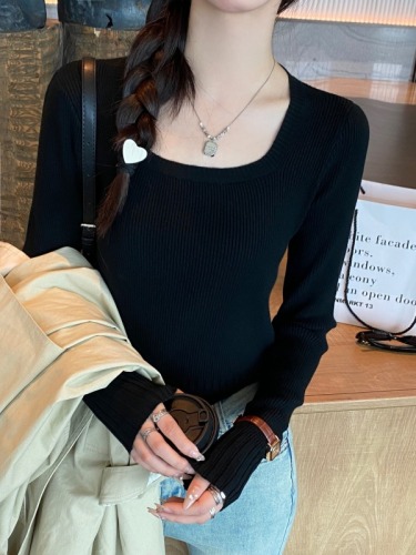 Thin knitted sweater early autumn new women's autumn top with square collar bottoming shirt short slim sweater