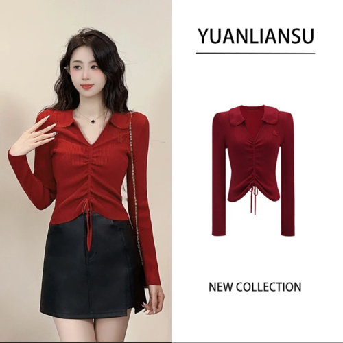 Round face sweet Long Island Iced Tea autumn small scented wind temperament V-neck drawstring slim knitting sweater for women