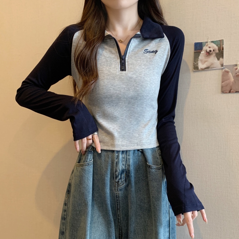 Fat girl large size autumn and winter American style contrasting raglan sleeves POLO collar slim inner layering shirt long-sleeved T-shirt