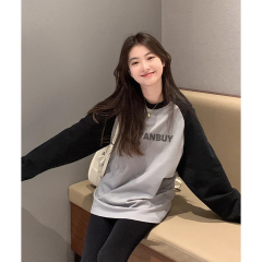 Pure cotton 200G good quality + back collar contrasting color stitching printed long-sleeved bottoming shirt T-shirt fashionable tops for female students