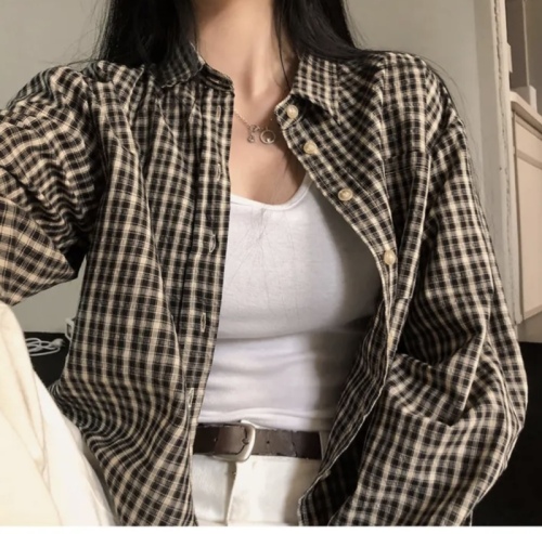 Retro Plaid Shirt New Loose POLO Collar Shirt Jacket