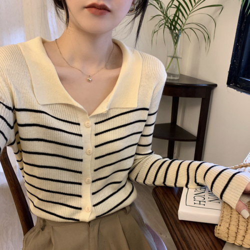 Autumn and winter Korean style retro polo collar striped 6 wool temperament knitted cardigan sweater for women