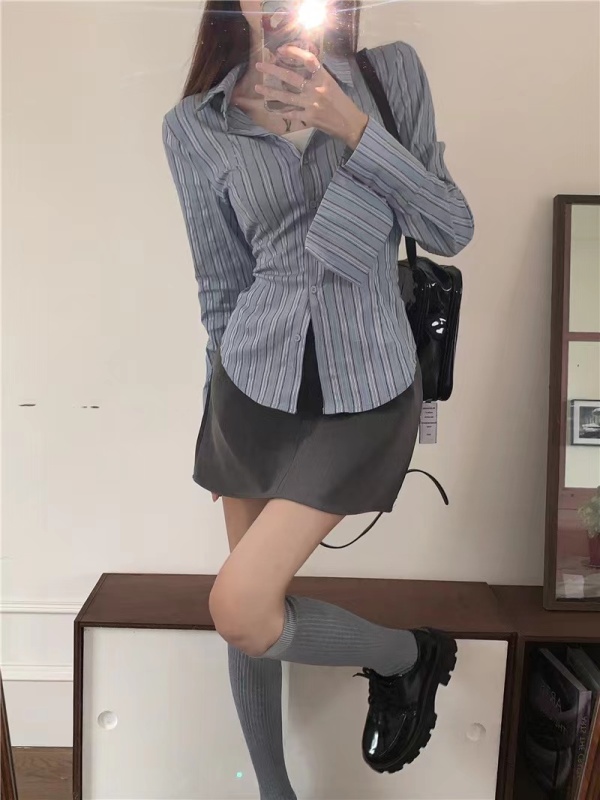 New retro polo collar striped long-sleeved shirt for women with embroidery design niche slim fit shirt tops