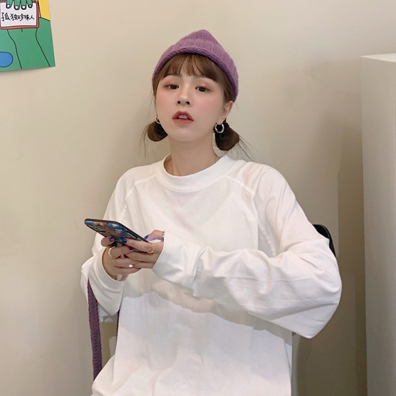 White T-shirt autumn and winter women's new long-sleeved tops, bottoming shirts, mid-length trendy brushed tops