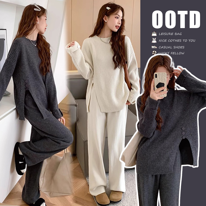 Korean casual style knitted suit for women in autumn and winter with design slit top, high waisted floor-length pants, European station two-piece set