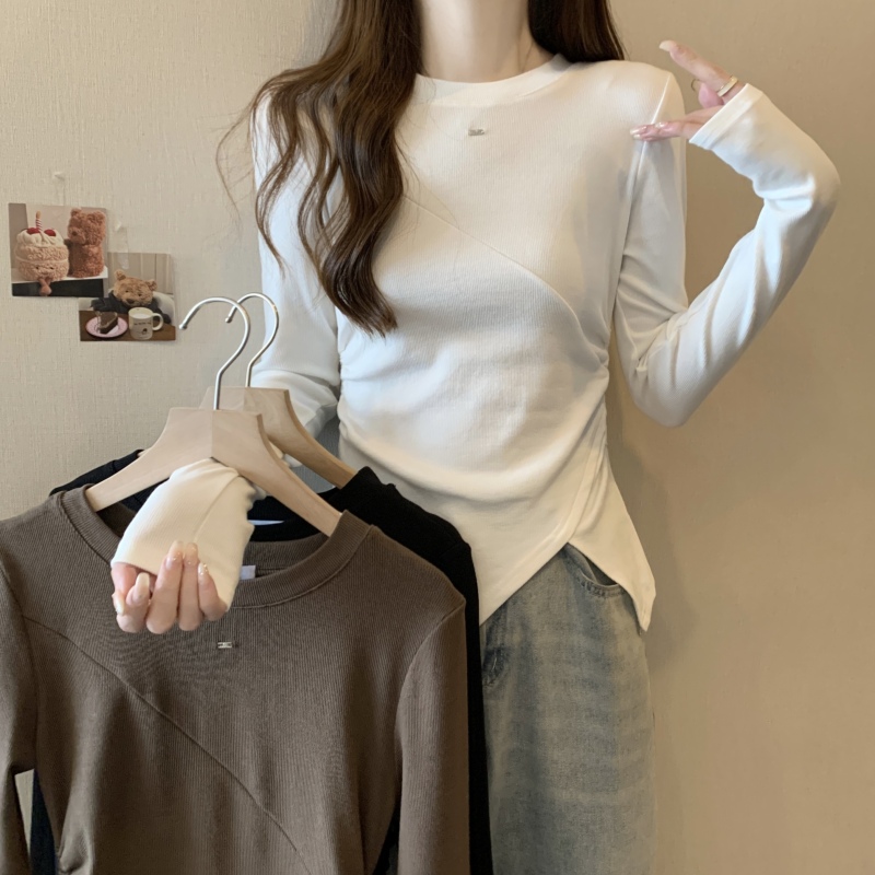 Autumn new large size fat girl side pleats diagonal slit irregular inner T-shirt bottoming shirt for women