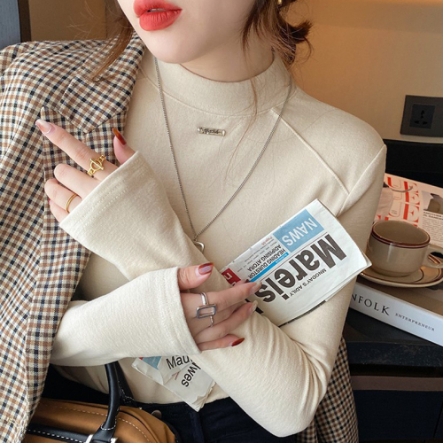 Double-sided German velvet bottoming shirt for women, autumn and winter new style half turtleneck plus velvet thickened western style white top