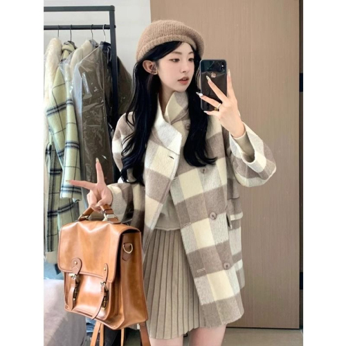 Korean winter tartan coat for women, new woolen coat, high-end, small, mid-length, loose style