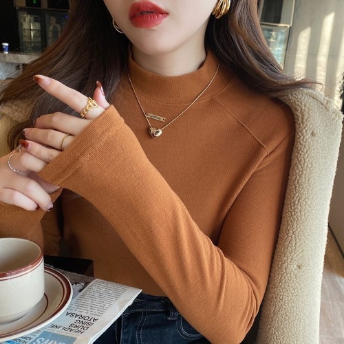 Double-sided German velvet bottoming shirt for women, autumn and winter new style half turtleneck plus velvet thickened western style white top