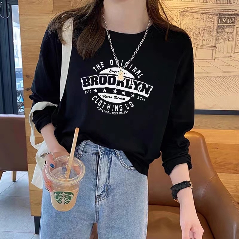 Pure cotton personalized printed long-sleeved T-shirt for women, white contrasting color, simple inner layer, high-end bottoming top