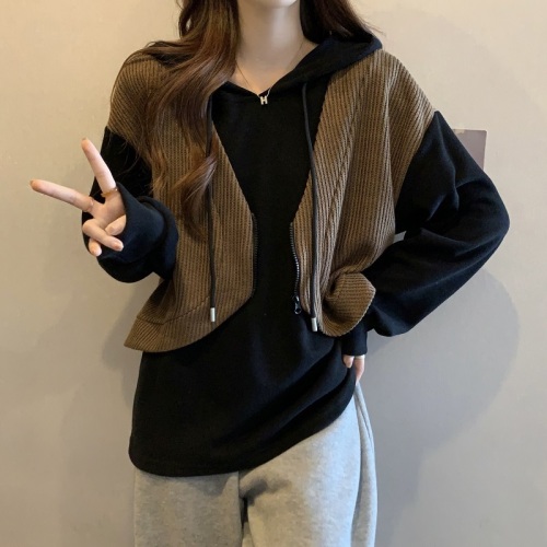2024 fat mm plus size new fake two-piece sweatshirt women's loose long-sleeved tops and jackets trendy