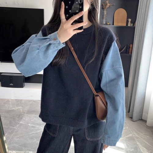 Denim sleeves spliced ​​round neck 2024 spring Korean style new round neck sweater versatile for commuting