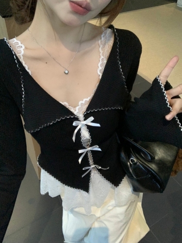 Actual shot of pure desire suit lace camisole long-sleeved cardigan top women's two-piece set