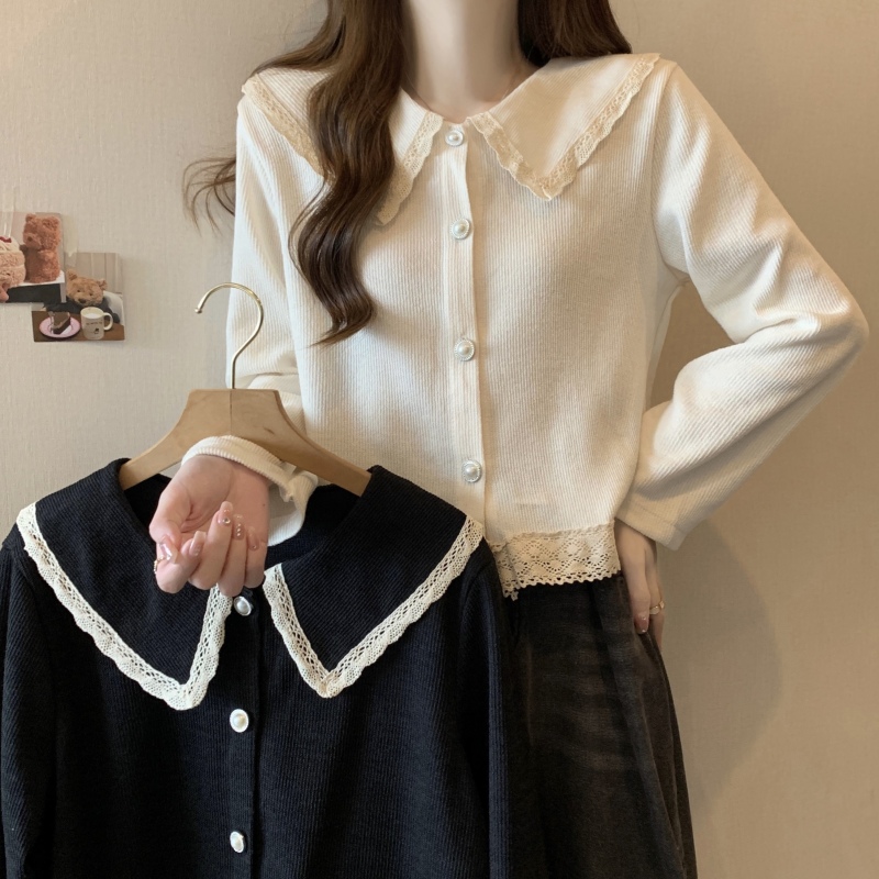 Autumn new Korean style loose doll collar shirt sweet lace splicing French top