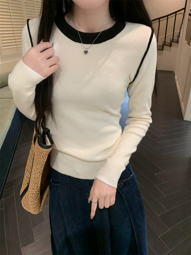 Real shot of soft, waxy, slimming and versatile basic T women's contrasting color round neck long-sleeved knitted bottoming shirt