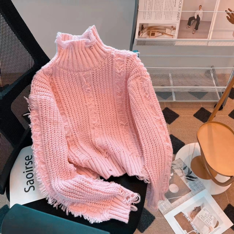 Korean style fashionable tassel torn turtleneck sweater, winter personality, chic niche design, western style sweater
