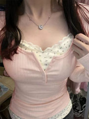 Original fabric fake two-piece top design fake two-piece floral splicing T-shirt top for women