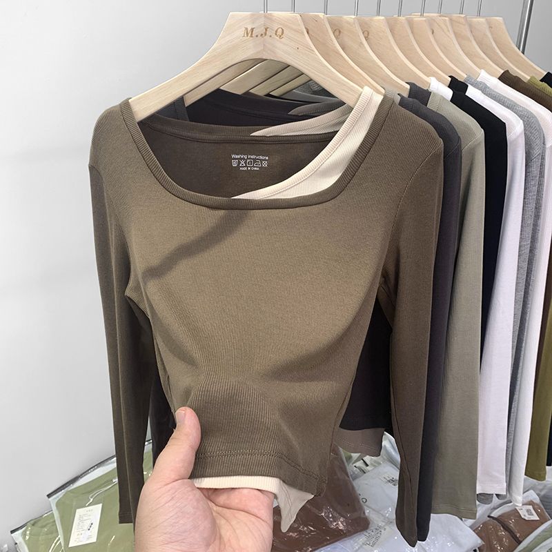 American contrasting color fake two-piece square neck long-sleeved T-shirt for women spring and autumn new slim fit inner shirt top