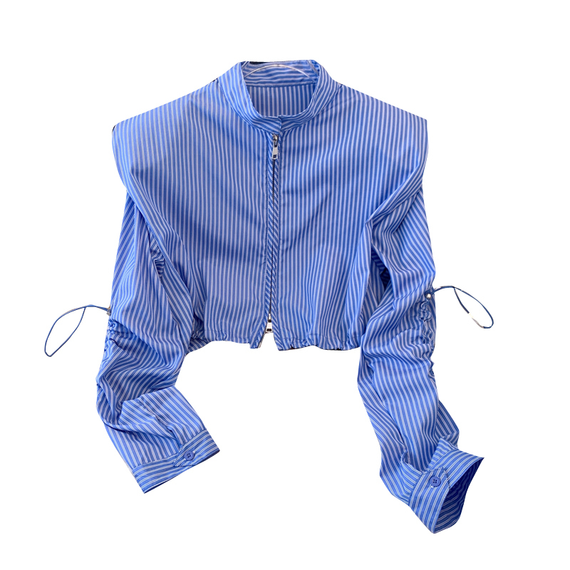 Korean style blue waistcoat long-sleeved shirt for women spring new niche design drawstring high-waisted short top
