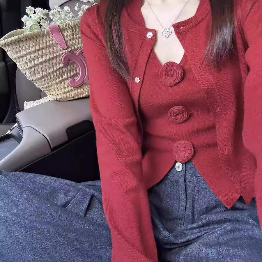 Women's Red Long-Sleeve Knitted Cardigan Top Two-Piece Set 2024 Spring and Autumn New Casual Short-Sleeve Thin Sweater Jacket