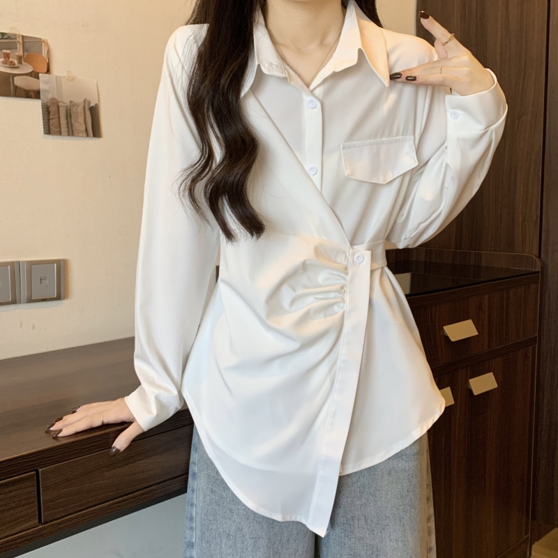Large size fat mm design irregular chiffon shirt women's autumn niche French chic long-sleeved shirt