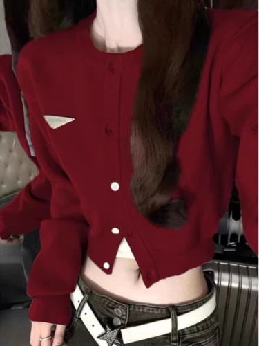 Ankora red high-end cardigan sweater short coat for women autumn new small chic knitted top